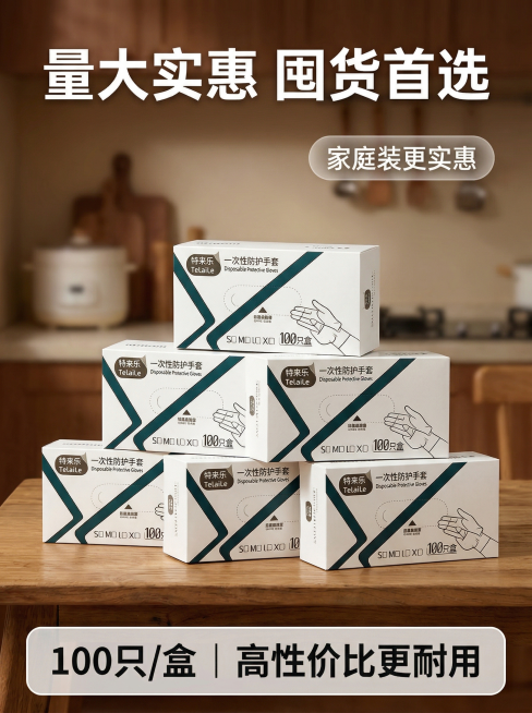 参考提供的两张一次性TPE手套详情页的温馨居家厨房风格、白色粗体大字+圆角透明标签排版逻辑，生成第9张详情页性价比页：暖调木桌背景，整齐堆叠多盒手套，上方大字“量大实惠 囤货首选”，下方标注“100只预览效果