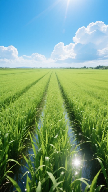 一片广阔无垠的稻田，稻苗呈现出鲜绿到深绿的渐变色彩，整齐排列形成延伸至远方地平线的平行线条，阳光从画面上方照射下来，稻叶上闪烁着明亮的高光，天空是纯净的湛蓝色，点缀着形态饱满、边缘清晰的白色积云，整体画面色彩饱和、光影对比鲜明，营造出开阔、清新、充满生机的田园氛围。预览效果