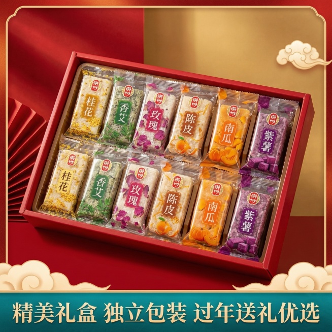 洪州丰城冻米糖多口味礼盒电商主图，喜庆国潮食欲风格。主体为礼盒打开后的内部展示，整齐排列6种口味的独立包装冻米糖，背景为红金色渐变，突出礼盒大容量和送礼属性。画面底部悬浮半透明文字“精美礼盒 独立包装预览效果