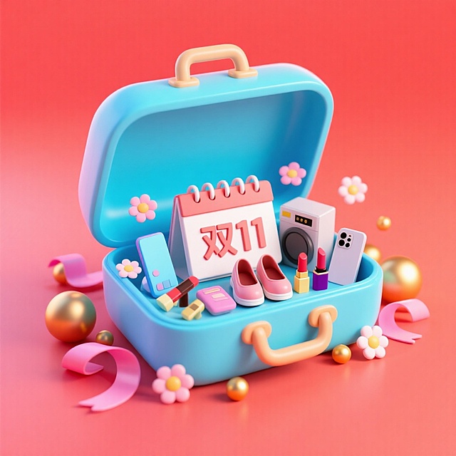 一个打开的亮蓝色大手提箱，箱内有一个醒目的“双11” 日历牌，日历牌旁许多商品（鞋子、口红、手机、家电等），周围环绕粉色丝带、金色小球、花朵等元素装饰，背景为明亮的红色渐变，超强的促销感。