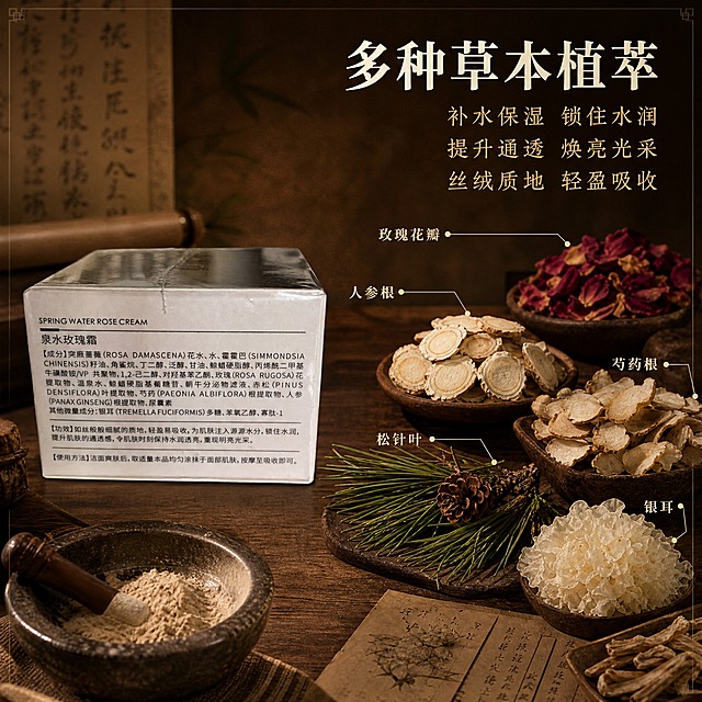 [主图-2] 核心功效成分解析，多种草本植萃功效展示，棕色中药风主题。
[统一基调] 整体风格为棕色中药国风，背景主色为深棕与暖棕渐变，标题字色为米白色，辅助字色为浅金色，强调色为朱砂红，字体为干净的宋体衬线体，卡片和边框采用细金线与中药卷轴元素，整体温润高级。
[画面] 产品包装盒位于画面左侧，占画面约35%，侧面朝向观众展示成分面，保留产品原有外观和成分文字区域。右侧及上方空间展示多种草本成分原料实物：玫瑰花瓣、人参切片、芍药根片、银耳、松针等，每种成分用细金线引出标注。画面底部有一个古朴的中药研钵和少量草本粉末，增加中药氛围。背景为暖棕色宣纸纹理，边缘有轻微暗角。
[光影质感] 商业摄影质感，柔和顶光，草本原料有自然阴影，产品与背景融合自然，无悬浮感。
[配色] 主色暖棕深棕，草本原色自然呈现，金线点缀，整体统一棕色中药风。
[文字版式] 画面右上方主标题米白色大字号宋体："多种草本植萃"，下方分三行浅金色小字："补水保湿 锁住水润"、"提升通透 焕亮光采"、"丝绒质地 轻盈吸收"。各成分旁有小号文字标注成分名称，文字不遮挡产品主体。
[输出要求] 比例1:1，文字清晰可读，产品清晰完整不变形，无错字，无水印，无平台Logo，无生产厂家信息，不出现具体多少种草本的数字。