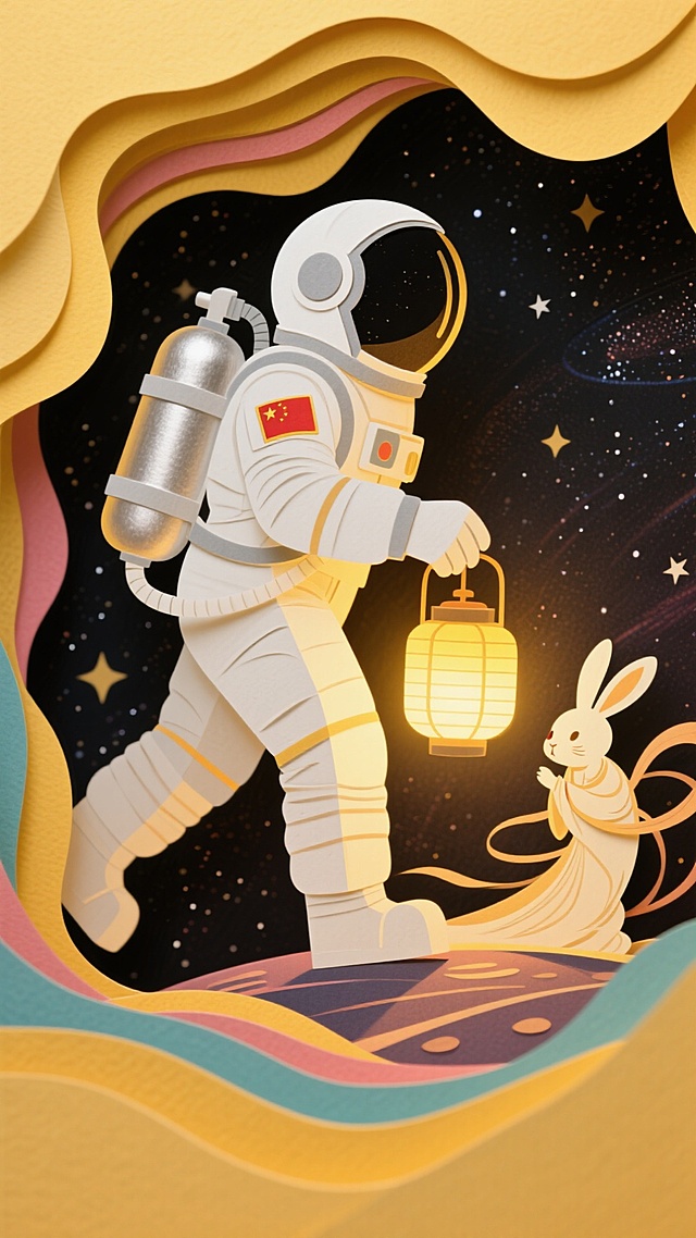 宇航员提着兔子纸灯在宇宙遨游，宇航员不佩戴任何国家徽章，暖黄色调