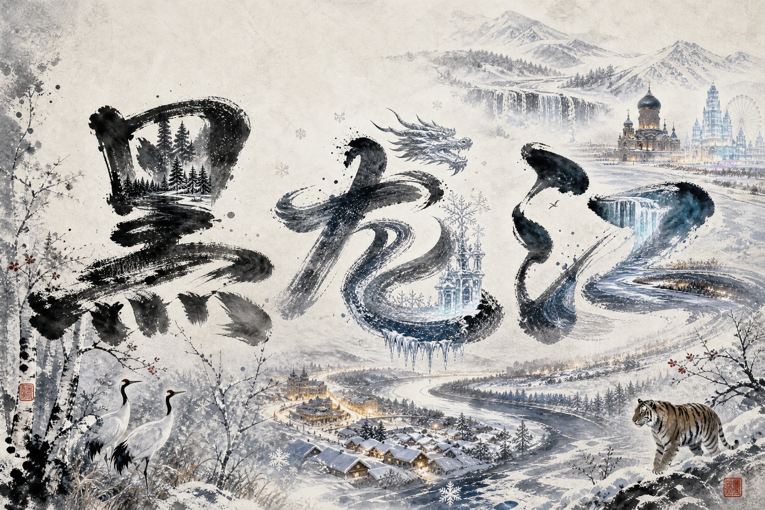 黑龙江水墨风海报，横版宽幅3:2构图，宣纸纹理背景，东方美学，… - 图片创意预览