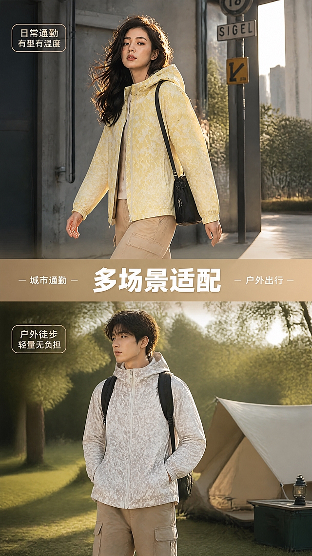[第7张] 场景穿搭展示页 - 双场景对比。本张使用【图1】女款黄色、【图2】男款灰色外套作为商品主体，参考【图10】的风格色调。
[氛围/风格] 上下分屏双场景，上半城市通勤风+下半户外露营风，暖调统一光影，生活方式感，商业摄影质感。
[元素布局] 上半屏：女模特穿黄色外套+工装裤，城市街道通勤行走，背景建筑路牌；下半屏：男模特穿灰色外套+工装裤，户外露营场景，背景帐篷草地；中间用渐变过渡条分隔。
[光影质感] 上下均为暖金色自然光，上半城市侧逆光，下半户外暖调柔光，整体色调统一温暖。
[配色色系] 全局暖调统一；上半主色黄+灰调城市；下半主色灰+绿色户外；过渡条为暖金色。
[视角构图] 上下分屏构图，各占约50%高度，阅读动线：上半通勤场景 → 中间标题条 → 下半户外场景。
[文字版式] 中间过渡条上主标题「多场景适配」，两侧小字：「城市通勤」「户外出行」；每个场景角落配小标签：「日常通勤 有型有温度」「户外徒步 轻量无负担」；文字不遮挡人物主体。
[比例分辨率] 9:16竖版比例，4K分辨率，文字清晰可辨，高清画质。
[负向提示词] 外套变形，颜色偏差，模特面部畸形，水印，文字模糊，上下色调不统一。