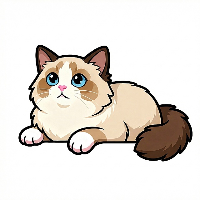 参考第二张狗狗的趴卧露爪形态，将图中的布偶猫修改为该姿势，保留猫咪原本粉色鼻子蓝色眼睛，不伸舌头，保留布偶猫原有毛色，保持卡通插画风格，白色背景