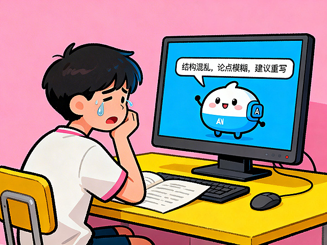手绘风格插画，画面里有个坐在书桌前的学生，对着电脑屏幕边哭边改论文，电脑屏幕里是豆包AI的形象，正在弹出毒舌的论文评论，整体氛围幽默轻松，色彩明亮可爱