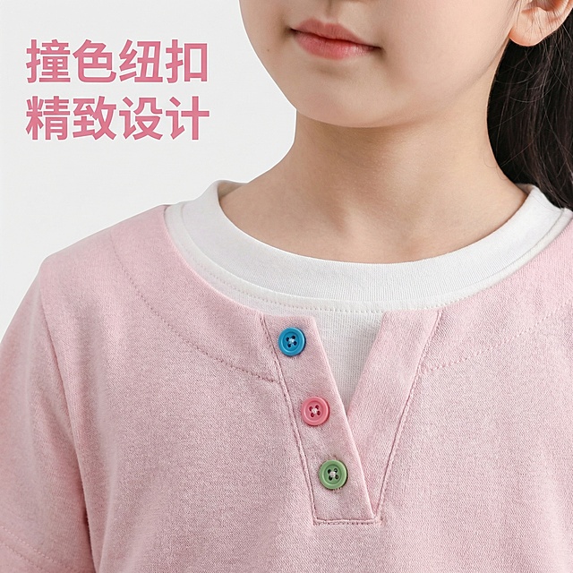 4. [主图 4：领口细节展示] [主图主题]: 撞色纽扣领口设计展示 [氛围/风格]: 甜美精致，柔和清晰棚拍光影 [画面元素]: 特写展示粉色T恤领口撞色三扣设计，彩色纽扣搭配撞色包边，展示精致做工细节，同一位女童模特穿着，近距离呈现领口细节，背景为纯净浅灰色肌理墙，整体风格、模特、色调与前几张保持高度一致 [配色色系]: 主色调：粉色；辅助色：彩色纽扣点缀 [视角构图]: 特写平视，焦点清晰落在领口区域 [文字版式]: 左上角文案 "撞色纽扣 精致设计"，字体为无衬线粗体，粉色字，悬浮排版，不遮挡领口细节。