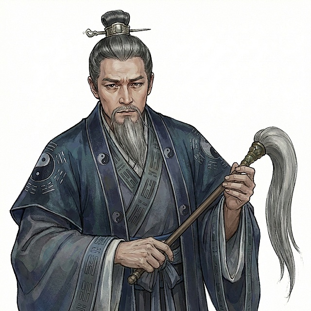 右手自然的拿着拂尘