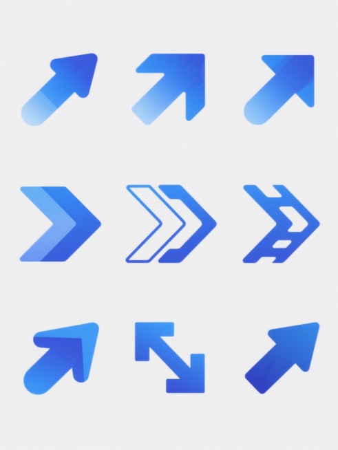 纯白背景，9个造型完全不同的蓝色箭头图标按3x3宫格独立区域规整排布，每个箭头保持相同的基础箭头形状但拥有独特的设计细节，如有的箭头带有渐变效果、有的箭头边缘有圆角处理、有的箭头内部有几何图案填充、有的箭头带有阴影效果、有的箭头采用线条勾勒、有的箭头有立体感、有的箭头有镂空设计、有的箭头带有装饰性元素、有的箭头颜色深浅不同，整体风格统一为简约现代的图标设计风格，画面整体色彩变换为多种不同的蓝色……预览效果