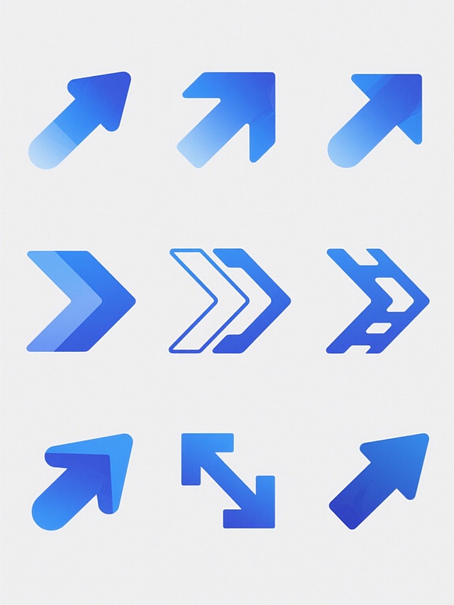 纯白背景，9个造型完全不同的蓝色箭头图标按3x3宫格独立区域规整排布，每个箭头保持相同的基础箭头形状但拥有独特的设计细节，如有的箭头带有渐变效果、有的箭头边缘有圆角处理、有的箭头内部有几何图案填充、有的箭头带有阴影效果、有的箭头采用线条勾勒、有的箭头有立体感、有的箭头有镂空设计、有的箭头带有装饰性元素、有的箭头颜色深浅不同，整体风格统一为简约现代的图标设计风格，画面整体色彩变换为多种不同的蓝色调，每个箭头图标在各自的宫格区域内居中放置，保持元素内容的一致性，形成一个同元素系列素材集合，视觉层次清晰，信息传达高效，符合现代图标设计的审美和规范。
