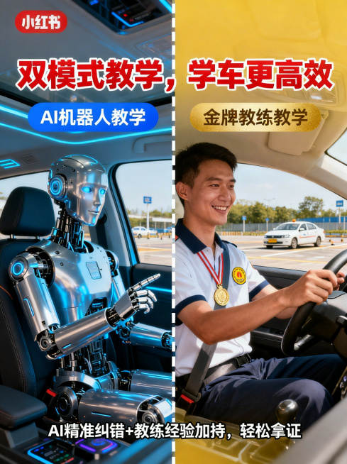 小红书3:4比例招生宣传图，左右分屏设计，中间用白色虚线分割线分开。左侧是未来感机器人教练教学画面，机器人有着金属质感外壳，坐在驾驶座旁，手部做出指导动作，车内科技感十足，色调偏冷蓝。右侧是金牌教练教预览效果
