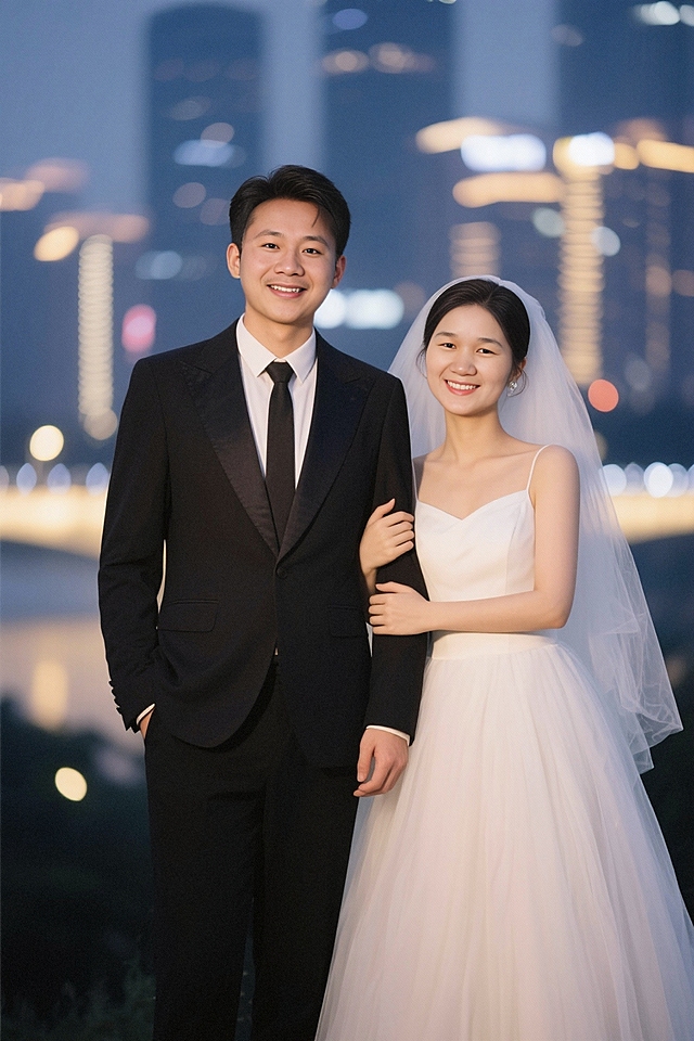 男生在左身穿正装，女生在右穿着婚纱，女生挽着男神胳膊，两人对着镜头微笑，半身正面照，背景是城市灯火，大光圈虚化