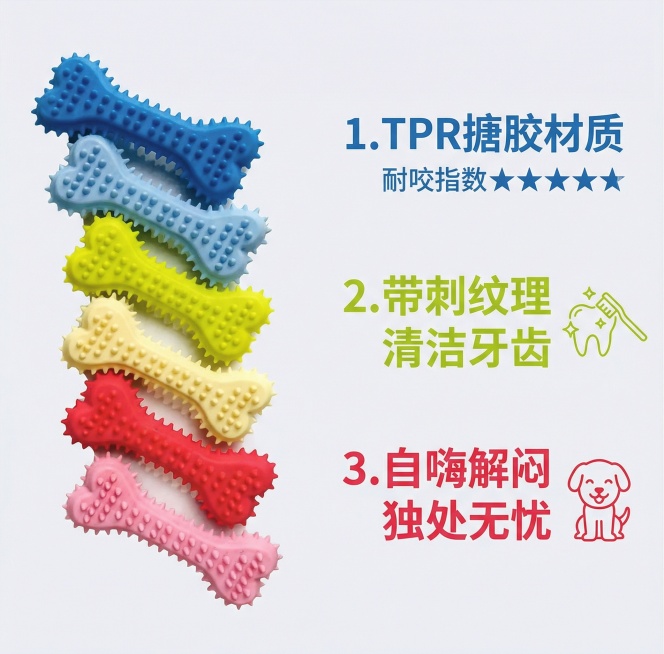 卖点详情图，保留原图中骨头形状的宠物玩具，右侧分三点列出核心卖点：1. TPR搪胶材质 耐咬指数★★★★★；2. 带刺纹理 清洁牙齿；3. 自嗨解闷 独处无忧，使用几何无衬线体，主色调与主图保持一致，预览效果