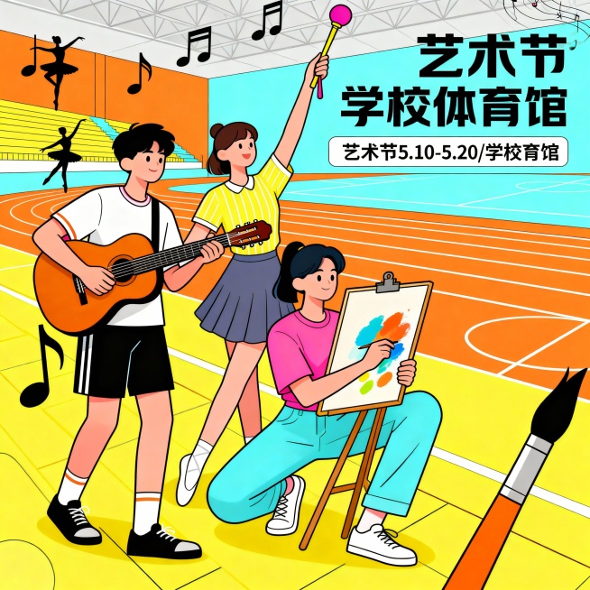 主题：青春绽放，艺彩纷呈（2026校园文化艺术节）<br/>细节：校园体育馆场景，18-22岁学生持吉他/舞蹈道具/画板，右侧留信息位（艺术节5.10-5.20/学校体育馆），橙黄+浅蓝+荧光粉调，融预览效果