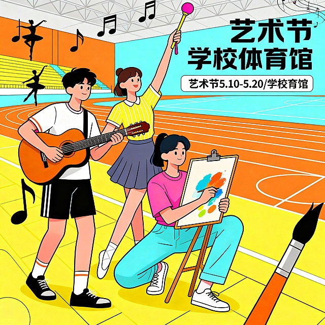 主题：青春绽放，艺彩纷呈（2026校园文化艺术节）<br/>细节：校园体育馆场景，18-22岁学生持吉他/舞蹈道具/画板，右侧留信息位（艺术节5.10-5.20/学校体育馆），橙黄+浅蓝+荧光粉调，融入音符、舞蹈剪影、画笔元素<br/>风格：扁平插画，线条利落，色块自然，无尖角，色彩明快，现代简约<br/>构图：人物左60%，信息右30%，底部10%留白，平视微仰视角