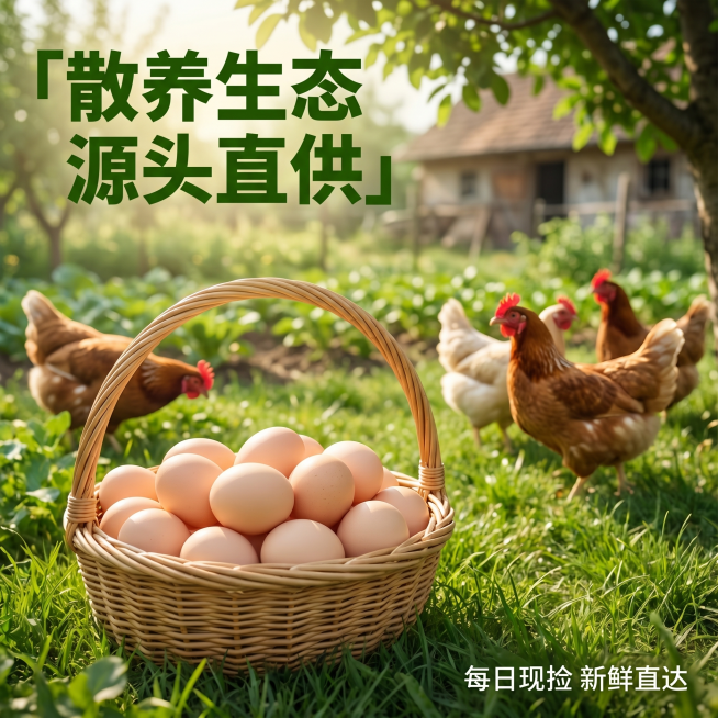 [主图 4] 源产地环境展示；[氛围风格] 自然原生态农家散养场景，清新自然；[画质] 商业摄影质感，高清真实，层次丰富；[元素] 保持鸡蛋产品特征一致，画面展示半筐鸡蛋放置在农家草地树荫下，背景是散预览效果