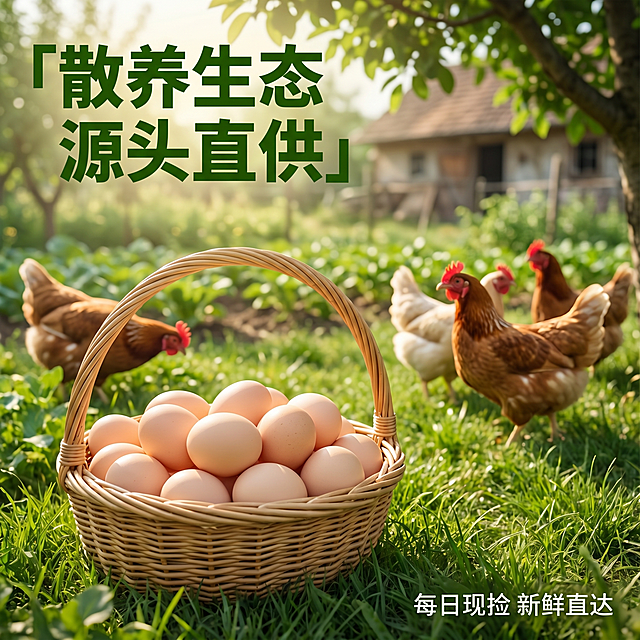 [主图 4] 源产地环境展示；[氛围风格] 自然原生态农家散养场景，清新自然；[画质] 商业摄影质感，高清真实，层次丰富；[元素] 保持鸡蛋产品特征一致，画面展示半筐鸡蛋放置在农家草地树荫下，背景是散养土鸡在绿色菜园走动，远处农家小院，自然清新原生态氛围，鸡蛋主体在前景清晰突出，背景场景虚化，突出产品同时展示散养环境；商品主体占比约65%；[光影] 自然光树荫下柔和光斑，温暖通透；[配色] 大面积绿色草地，浅米色鸡蛋，层次自然清新；[视角构图] 前景鸡蛋背景场景分层构图，景深自然；[文字版式] 左上角大标题「散养生态 源头直供」绿色粗体，右下角小字「每日现捡 新鲜直达」，不遮挡主体；[比例分辨率] 1:1 比例，2k 分辨率，文字清晰可辨，超高清；[负向提示词] 变形，水印，文字错乱，产品模糊，背景杂乱，人工场景，污染环境