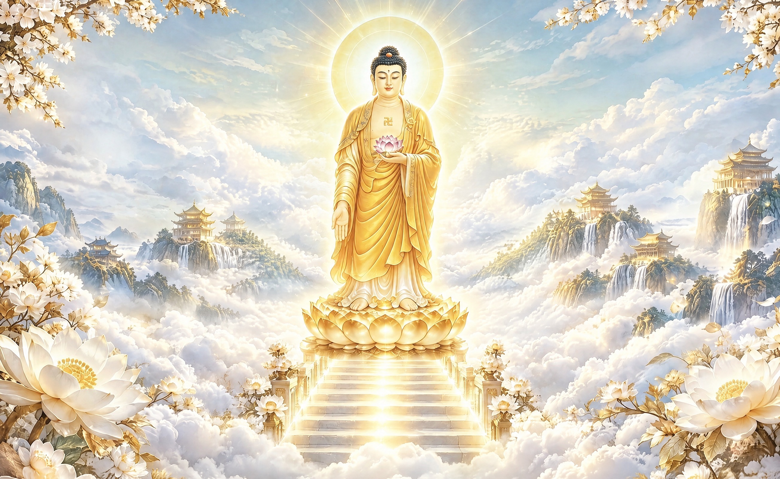 去除画面中左右两侧的观音菩萨像，只保留中间的阿弥陀佛，背景的云… - 图片创意预览