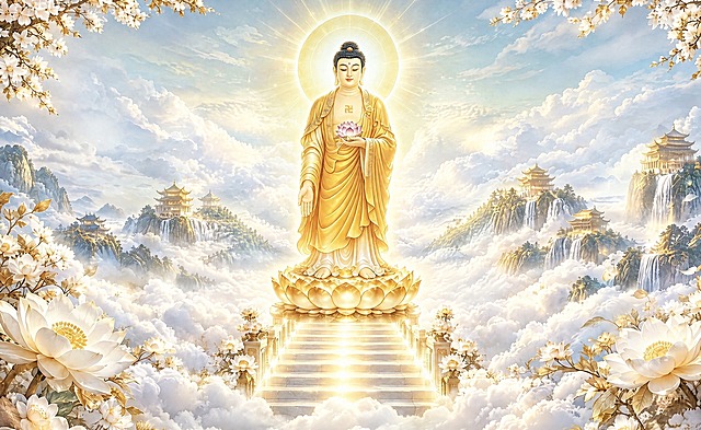 去除画面中左右两侧的观音菩萨像，只保留中间的阿弥陀佛，背景的云海、天宫、瀑布、玉兰花枝、莲花台阶等所有元素保持原样不变，去除观音后用与周围一致的云海和仙境背景自然填充，画面整体风格、色调、光线、构图完全保持不变，神圣庄严的佛教仙境氛围