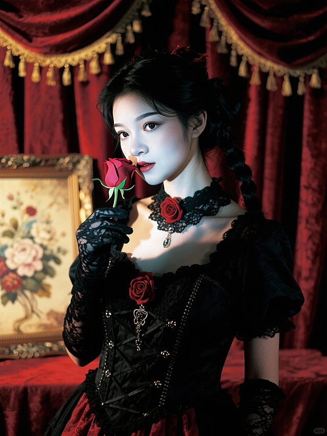 穿着黑红哥特洛丽塔服饰，带有蕾丝、金属装饰和红色玫瑰元素，搭配黑色蕾丝手套、黑色蕾丝颈饰（饰有红色玫瑰）；黑色编发，背景是红色丝绒幕布（带有金色流苏装饰），拿着一朵玫瑰放在脸旁，旁边有复古雕花装饰画（绘有花卉）