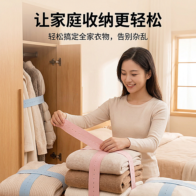 1:1 竖版电商主图，严格还原上传的产品图，一位年轻女性（25-35 岁）在卧室衣柜前用粉色绑带整理毛衣，背景为温馨的浅木色卧室，光线柔和，突出 “家庭收纳场景”。主标题：“让家庭收纳更轻松”（加粗无衬线字体，位于画面上方），副标题：“轻松搞定全家衣物，告别杂乱”（小号字体，位于主标题下方）。画面自然真实，风格温馨实用，杂志级排版。禁止改变绑带颜色、材质，禁止人物形象失真，禁止背景杂乱，禁止字体风格不统一，禁止画面割裂。