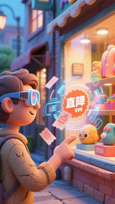 近景，虚实交织街道，消费者佩戴AR眼镜，现实身影清晰，周围线条虚化。橱窗被AR点亮，立体3D商品模型闪烁“直降”价格，互动优惠券环绕。特写消费者指尖触碰橱窗瞬间，数据涟漪扩散，强调光影对比，营造未来感预览效果