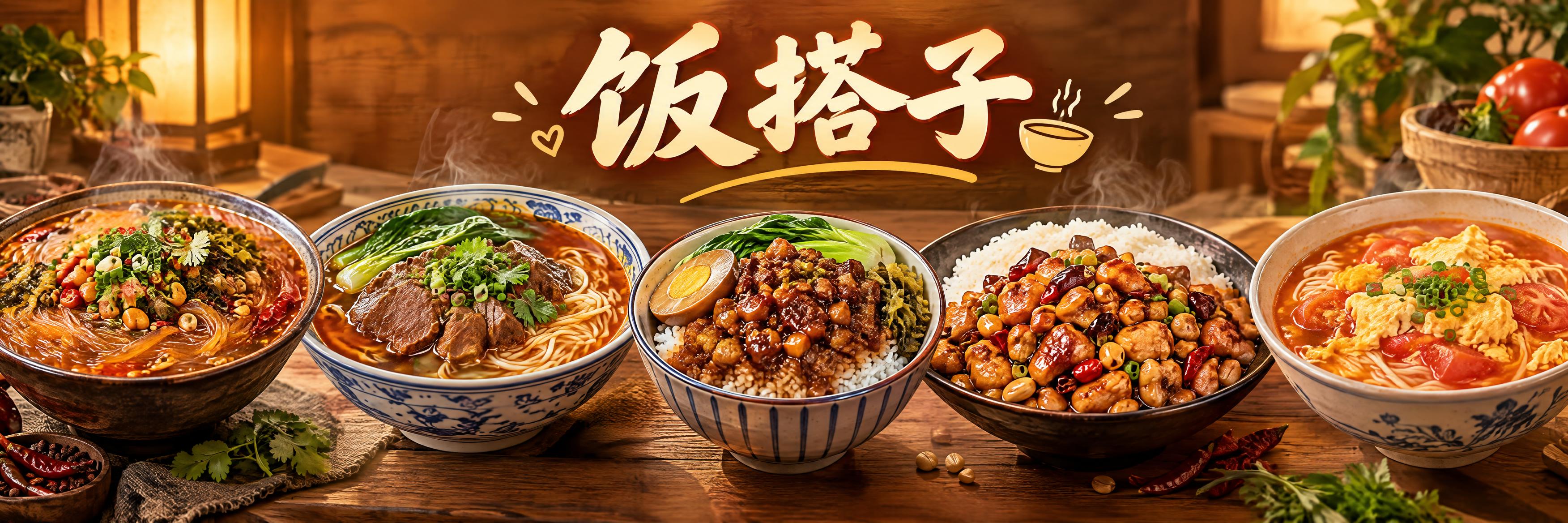 餐饮海报设计，店名"饭搭子"，横版长幅构图，画面展示丰富的面食… - 图片创意预览