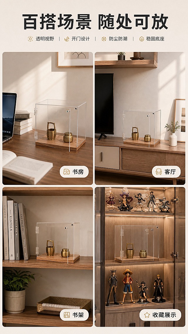 [商品] 使用【图1】透明亚克力手办展示盒（开门状态带摆件）；保留产品结构、颜色、材质；将产品分别融入不同家居场景。
[画面] 目标：多场景展示页，体现摆放 versatility。构图：四宫格拼图，每格一个场景：①书房书桌（配电脑、书籍）②客厅电视柜（配电视、装饰）③书架层板（配书籍、绿植）④收藏柜展示（配多个手办）。每个场景中展示盒自然摆放，内部有手办/摆件。
[视觉] 套系策略：风格=简约高级家居商业摄影；标题字=现代无衬线粗黑体；正文字=简洁无衬线体；主色=原木暖棕+透明清透感；背景延展=基于浅米白做深浅层级、同色渐变和细腻墙面/桌面质感；强调色=暖金色，仅用于小面积图标、引线和标签；标题色=深炭灰；正文色=中暖灰；组件=圆角浅底信息卡、细线引线、木质纹理装饰条；光影=每个场景均为柔和自然光，统一色温。
[文字] 顶部主标题"百搭场景 随处可放"，每格右下角配场景标签：书房 / 客厅 / 书架 / 收藏展示。文字全部横向排列，清晰可读。
[规格] 图片比例9:16竖版，4K，避免变形、错字、文字过小、场景风格不统一、产品比例失调。