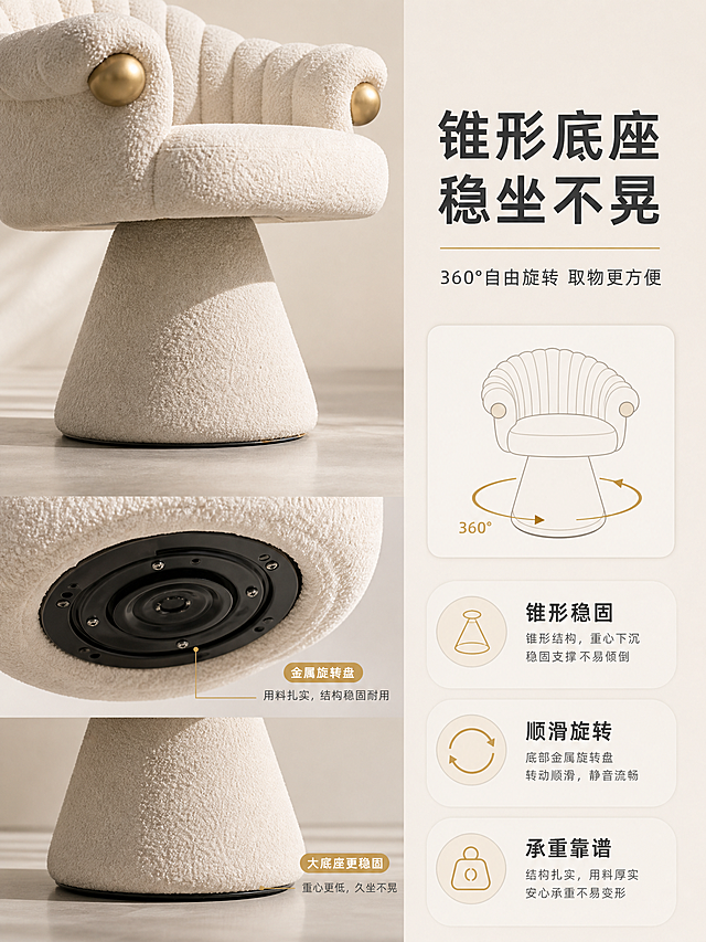 [商品] 使用【图1】米白羊羔绒单人梳妆椅；保留锥形底座、整体结构比例、米白羊羔绒面料与金色球形装饰；突出底座的稳固感与旋转结构。
[画面] 目标：结构支撑页，展示锥形底座与360°旋转功能。左右分栏构图，左侧为椅子底座仰视/侧视特写，展示锥形底座形态与底部旋转盘结构；右侧为文案+结构示意图标。背景为浅灰色地面+柔和光影。椅子底座特写占画面约50%。
[视觉] 套系策略：风格=真实家居商业摄影·奶油侘寂风；标题字=现代简约无衬线粗体；正文字=纤细无衬线体；主色=奶杏米白；背景延展=基于奶杏米白做深浅层级、同色渐变与细腻墙面/织物质感；强调色=暖金色，仅用于小面积图标、引线和装饰标签；标题色=深暖灰；正文色=中暖灰；组件=圆角浅底信息卡、细金线引线、胶囊形卖点框；光影=侧下方暖光，突出底座立体感。
[文字] 右侧主标题「锥形底座 稳坐不晃」，副标题「360°自由旋转 取物更方便」，下方3个结构卖点：「锥形稳固」「顺滑旋转」「承重靠谱」，文字横向排版。
[规格] 图片比例3:4竖版，resolution=2K，quality=medium，避免变形、错字、文字过小、结构失真、冷蓝背景、极限词。