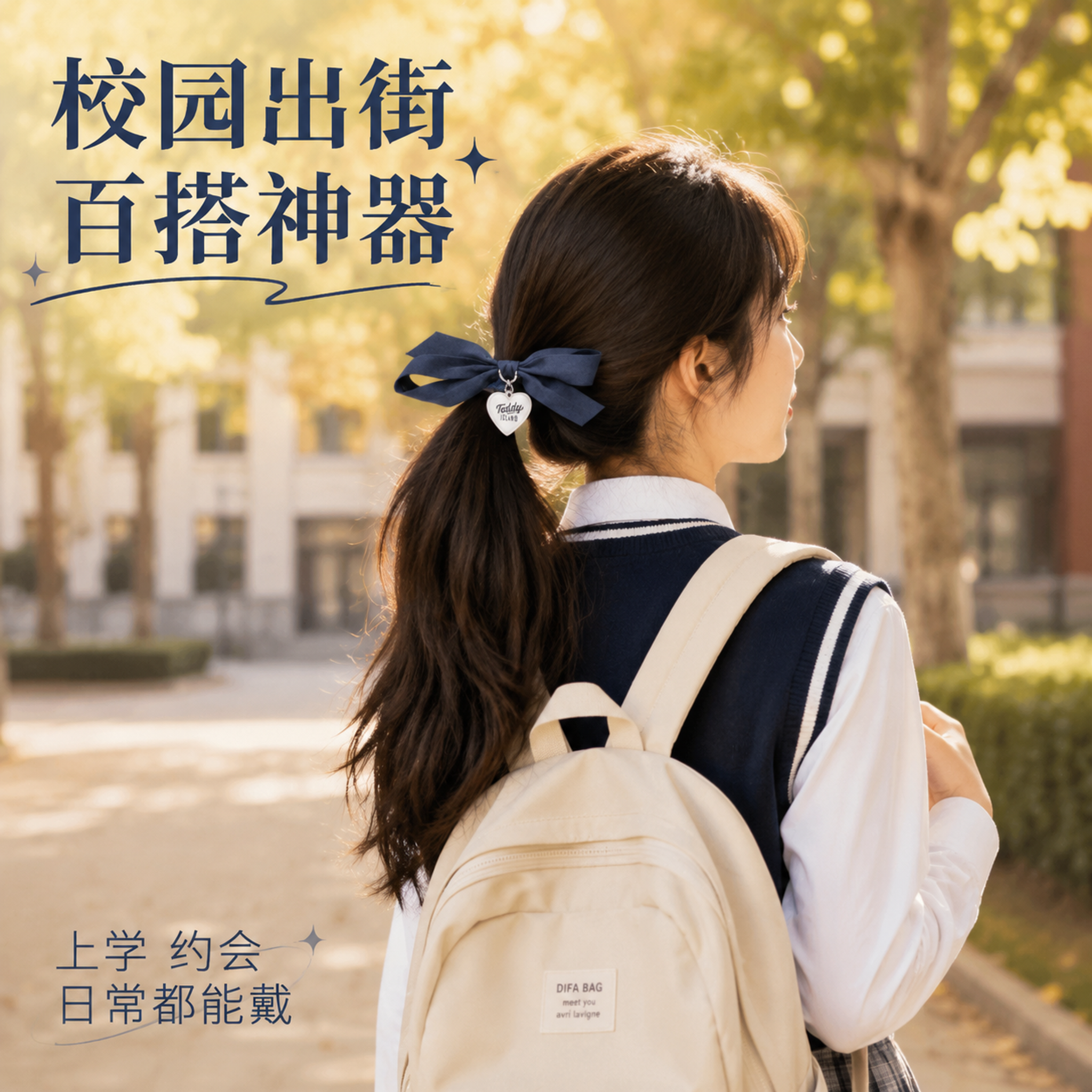 抖音电商主图第五张，场景搭配展示。一位年轻亚洲女学生的背影和侧… - 图片创意预览