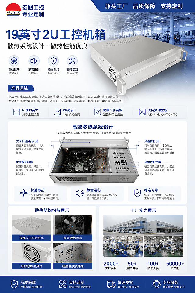 19英寸2u工控机箱详情页，工厂实力风，详细展示散热系统设计卖点，用图文说明散热性能优良特点，标注散热结构细节，爱采购平台专业详情页风格