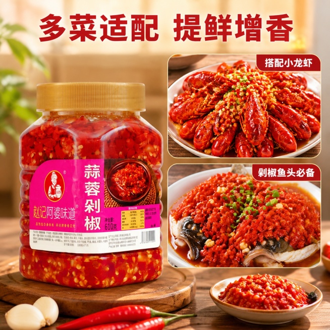 「图片1」，生成一套主图（5张），商品名称是蒜蓉剁椒，卖点是小龙虾，剁椒鱼头等菜品佐料，适配淘宝/天猫平台，主图比例为1:1预览效果
