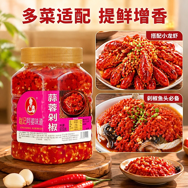 「图片1」，生成一套主图（5张），商品名称是蒜蓉剁椒，卖点是小龙虾，剁椒鱼头等菜品佐料，适配淘宝/天猫平台，主图比例为1:1