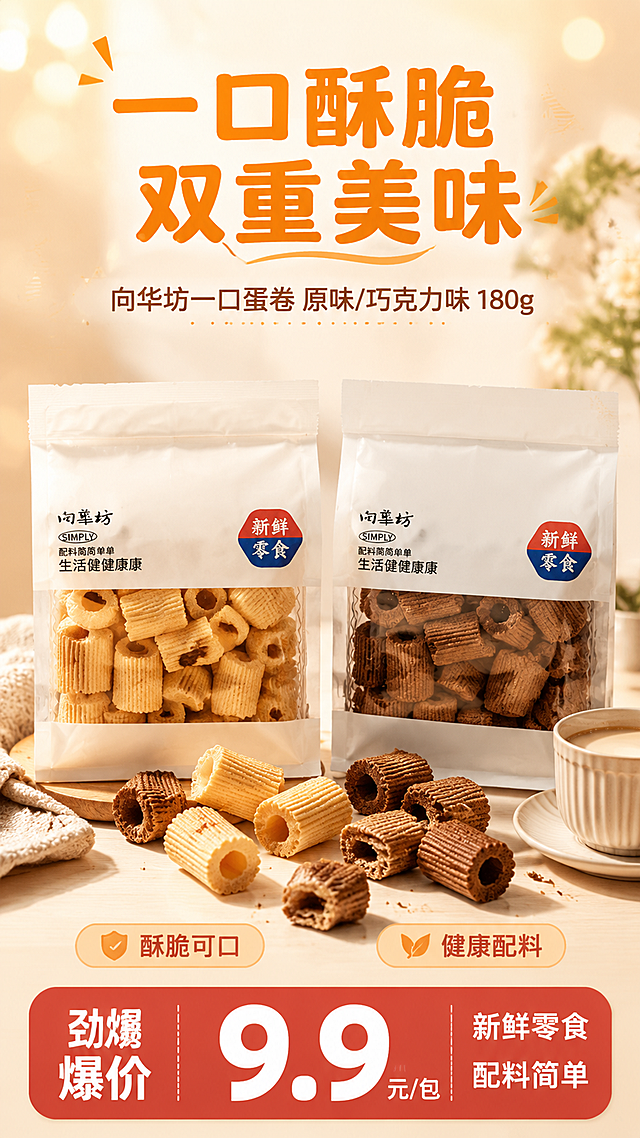 第1屏 详情页头图主视觉 - 向华坊一口蛋卷双口味全家福宣传海报，适配朋友圈转发的9:16竖版单屏。本屏使用【图1】作为商品主体参考，画面中同时呈现原味（浅黄蛋卷色）和巧克力味（深棕色）两款180g袋装蛋卷。
[氛围/风格] 温馨治愈零食风，暖色调，食欲感强，商业摄影质感，朋友圈友好的竖版海报风格，轻松愉悦的下午茶氛围。
[元素布局] 画面中部偏下位置并排放置两袋蛋卷，左侧原味袋、右侧巧克力味袋，两袋产品占画面约55%-65%，包装外观、品牌标识、文字排版与输入产品图保持一致；袋子前方散落若干蛋卷小段，有原味也有巧克力味，部分蛋卷呈现剖面层次，可见酥脆纹理；背景为暖米色渐变，上方有柔和的虚化光斑和淡色几何装饰，右下角点缀一小杯牛奶或咖啡作为搭配道具，增加生活场景感。
[光影质感] 左上方45°柔光主光源，右侧辅光补光，整体明亮通透；蛋卷表面有自然高光，体现酥脆质感；袋子下方有柔和投影，立体感强。
[配色色系] 全局底色 #FFF5E6（暖米杏色）；主色暖橙 #FF8C42 + 奶黄 #FFE4B5；辅助色深棕 #8B4513（巧克力味）、白色包装；点缀色红色价格标签。
[视角构图] 正面微俯视视角，产品为视觉中心，阅读动线：顶部大标题 → 中部产品 → 底部价格信息条。
[文字版式] 顶部居中大标题「一口酥脆 双重美味」，字体为圆润黑体，字色暖橙色，字效纯色无描边；标题下方副标题「向华坊一口蛋卷 原味/巧克力味 180g」，字色深棕色，字号较小；画面底部横向价格信息条，红底白字，左侧大字「劲爆价」，中间超大数字「9.9元/包」，右侧小字「新鲜零食 配料简单」；价格条上方左右各一个小卖点标签：「酥脆可口」「健康配料」，圆角胶囊形，浅橙底深橙字；所有文字清晰可读，不遮挡产品主体。
[比例分辨率] 9:16竖版比例，4K分辨率，文字清晰可辨，高清画质。
[负向提示词] 包装变形，文字错乱，产品模糊，颜色偏差，水印，缺件错件，背景杂乱，文字过小，蛋卷结构错误，包装品牌名错误。