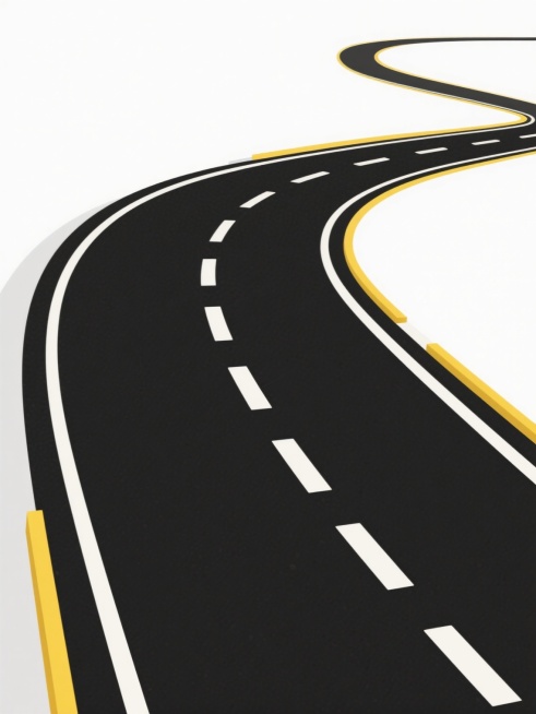 干净简洁的矢量风格道路场景，黑色沥青路面带有白色虚线车道分隔线，道路两侧有黄色路缘线，整体呈现流畅的S形曲线，视角为略带俯视的透视线，背景为纯白色，线条平滑无多余细节，符合现实道路结构逻辑，适合作为背景素材使用的插画设计。预览效果