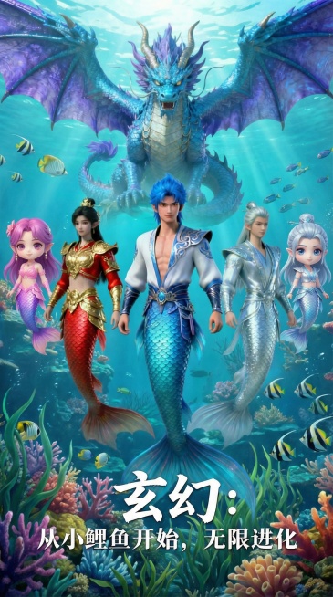 将海报中人物替换为蓝紫带翼龙、红金鱼尾女性、粉紫Q版鱼尾女性、银蓝Q版鱼尾女性、银白鱼尾女性、蓝发鱼尾男性，保留海底背景预览效果