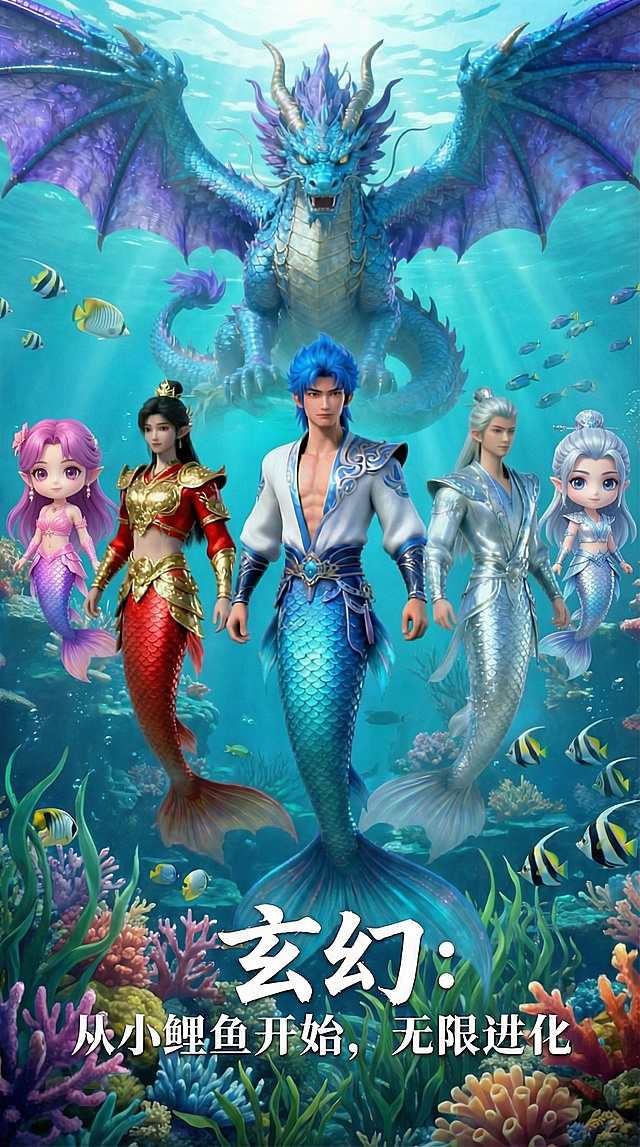 将海报中人物替换为蓝紫带翼龙、红金鱼尾女性、粉紫Q版鱼尾女性、银蓝Q版鱼尾女性、银白鱼尾女性、蓝发鱼尾男性，保留海底背景
