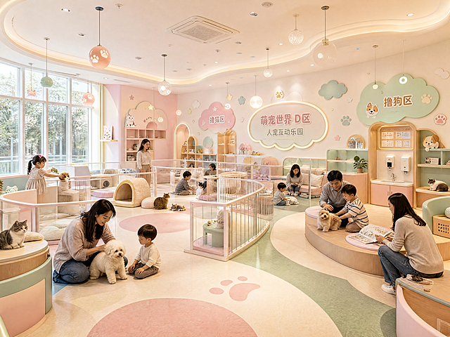 萌宠世界D区人宠互动撸猫撸狗区域效果图，儿童友好空间，软萌可爱装修风格
