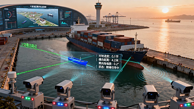 俯瞰视角下的现代化集装箱码头，晨光中，一艘大型集装箱船正平稳地横向靠向泊位。船体与码头岸壁之间，数道精准的激光测距光束与雷达扫描波纹清晰可见，实时勾勒出厘米级的动态间隙。

在码头前沿的关键位置，多套高分辨率AI摄像机组与传感器阵列静默工作，其防护外壳上的指示灯规律闪烁，共同捕捉着船舶的轮廓、姿态与速度。一个半透明的智能引导数据面板悬浮于画面视觉中心，左侧以绿色虚线清晰标注“计划靠泊路径”，并与代表实时位置的蓝色船模轨迹完美重合；右侧则实时刷新着关键参数：“对地速度：0.1节 | 横向距离：4.2米 | 艏向角偏差：0.2° | 状态：精确引导中”。

远景中，港口控制塔的弧形全景监控大屏正显示着整个港区的数字孪生态势图，此艘船舶的靠泊进程、周边航道清空状态以及其他等待船只的调度序列一目了然。整体画面宏大、宁静且充满秩序感，在真实的港口晨间作业背景下，通过非侵入性的光束、清晰的数据面板与中央指挥系统，将AI视频分析平台对船舶的毫米级感知、实时分析与自动引导能力，转化为一种直观、高效的智能管理景象。