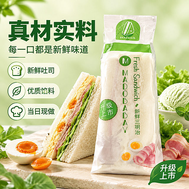 [主图-2] 三明治食材细节与品质展示主图，核心任务：延续模板图清新风格，突出MADOBABAY三明治的真材实料和新鲜品质，包装与用户自家产品一致。
[统一基调] 整体风格清新自然、食欲感强，浅绿渐变背景，主标题深绿色粗黑体大字，辅助文案浅绿灰色，强调色为深绿色，圆角图标卡片样式，整体干净清爽突出新鲜食材感。
[画面] 画面中央偏右展示一款MADOBABAY新鲜三明治包装的正面特写，包装外观与用户提供图完全一致：白色三角包装、顶部绿色封条、绿色M字母圆形logo、竖排MADOBABAY字样、Fresh Sandwich新鲜三明治文字、绿色圆形升级上市标识。包装旁边摆放着真实的三明治切面特写，展示吐司的柔软层次和内部馅料，旁边散落着新鲜的食材元素：切开的咸蛋黄、培根肉片、新鲜生菜叶、香草冰淇淋球等。左侧为文案和卖点图标区域。
[光影质感] 自然柔和的商业摄影光线，暖调自然光感，三明治切面有真实的面包气孔和馅料质感，包装表面有自然的纸质纹理和轻微反光，食材新鲜有光泽，底部有柔和自然的投影，整体真实诱人。
[配色] 背景浅绿渐变，主标题深绿色，辅助文字灰绿色，食材原色自然呈现，整体色调清新有食欲。
[文字版式] 左上角大标题"真材实料"深绿色粗黑体，下方小字"每一口都是新鲜味道"；左侧三个圆形图标分别配文"新鲜吐司""优质馅料""当日现做"；右下角有小标签"升级上市"。文字清晰不遮挡产品主体。
[输出要求] 1:1正方形，2K高清，产品包装与用户提供图一致，真实自然无合成痕迹，文字清晰可读，无变形错字，无水印无平台logo。