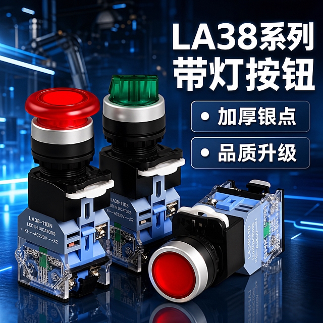 电商主图，LA38系列带灯按钮全家福主图，800*800正方形，深蓝科技工业风，产品精修。全部文字使用思源黑体 Bold字体。左上角CHKL凯蓝LOGO去掉，产品上的CHKL和浙江凯蓝电气有限公司字样去掉。

[商品] 使用用户上传的LA38系列带灯按钮产品图；保留三款带灯按钮产品（红色高头带灯、绿色高头带灯、红色平头带灯）的结构、颜色和材质；所有产品透明底座上的"CHKL"和"浙江凯蓝电气有限公司"字样全部清除去掉，只保留LA38型号和参数标识；产品精修，红色/绿色按钮头光滑通透（带灯效果），银色金属环高光锐利，黑色底座细腻，蓝色银触点底座质感真实，透明件通透，银触点质感清晰，无灰尘划痕。

[画面] 页面目标：展示LA38系列带灯按钮多款产品全家福，突出系列感和核心卖点。构图：左上角标题+右侧卖点+下方多款产品展示。主体位置：画面下方放置三款带灯按钮产品（错落排列，左红色高头、中绿色高头、右红色平头横放），右上角为标题和卖点文字，产品占画面约65%。阅读动线：从右上到左下，系列名称→卖点→多款产品。前景：三款产品+文字信息；中景：产品倒影、光影；后景：深蓝色渐变+工业厂房虚化背景+科技光线效果。

[视觉] 套系策略：风格=深蓝黑科技感工业风；标题字=思源黑体 Bold超大粗体；正文字=思源黑体 Bold；主色=深蓝/黑色；背景延展=基于深蓝黑做深浅层级、渐变和工业场景/科技光线效果；强调色=红色（红色按钮头）+绿色（绿色按钮头）+蓝色（银触点底座）+白色（主文字）+银色（金属环），仅用于产品和重点标签；标题色=白色；正文色=白色；组件=深蓝色圆角卖点标签（带白色圆点）、白色文字；光影=左前侧硬光，金属高光锐利，按钮头通透有带灯感，银触点质感真实，产品立体感强，底部有产品倒影。

[文字]
  右上角产品名称（注意：左上角无CHKL凯蓝LOGO）：
    第一行："LA38系列" 白色超大粗体
    第二行："带灯按钮" 白色超大粗体

  右侧中部卖点标签（深蓝色圆角矩形，带白色圆点，上下两个）：
    上方："加厚银点" 白色大粗体
    下方："品质升级" 白色大粗体

[规格] 图片尺寸800*800，正方形，4K分辨率，避免变形、错字、文字过小、左上角有CHKL凯蓝LOGO、产品上有CHKL或浙江凯蓝电气有限公司字样、水印、平台logo、产品模糊。左上角无品牌LOGO，产品透明底座上无品牌字样。