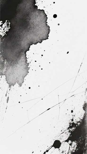 一张具有强烈质感的黑白抽象背景图，整体以大面积的白色为基底，上面分布着深浅不一的灰色和黑色纹理。左上角有较大块的深灰色斑驳痕迹，呈现出类似水墨晕染又带有颗粒感的效果，边缘模糊自然。画面中散布着细小的黑色斑点和长短不一的划痕，增添了粗糙的质感。整体纹理看似随机却又和谐统一，营造出一种复古、做旧且略带工业风的氛围，具有很强的设计感和视觉张力，适合作为背景使用。预览效果