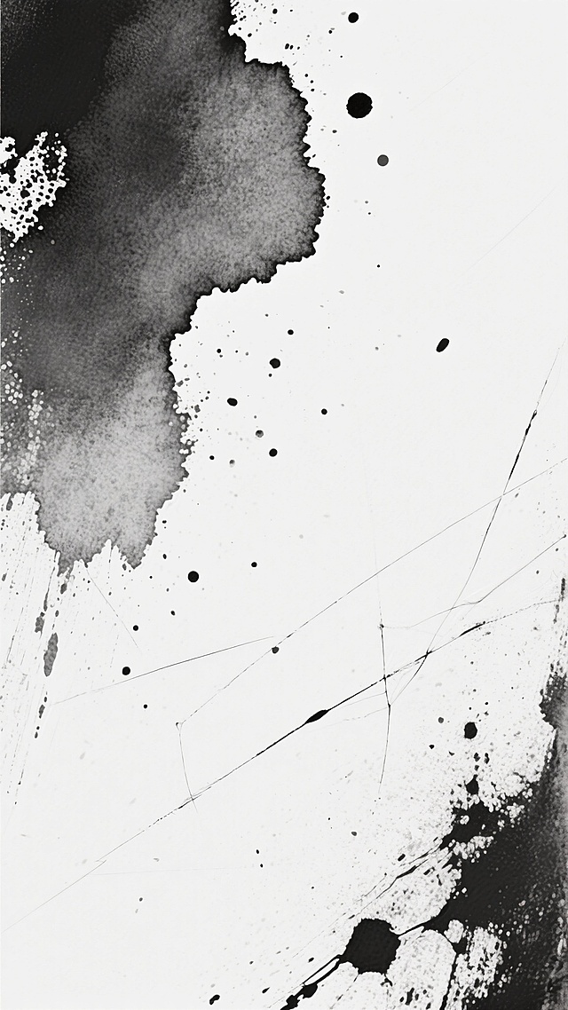 一张具有强烈质感的黑白抽象背景图，整体以大面积的白色为基底，上面分布着深浅不一的灰色和黑色纹理。左上角有较大块的深灰色斑驳痕迹，呈现出类似水墨晕染又带有颗粒感的效果，边缘模糊自然。画面中散布着细小的黑色斑点和长短不一的划痕，增添了粗糙的质感。整体纹理看似随机却又和谐统一，营造出一种复古、做旧且略带工业风的氛围，具有很强的设计感和视觉张力，适合作为背景使用。