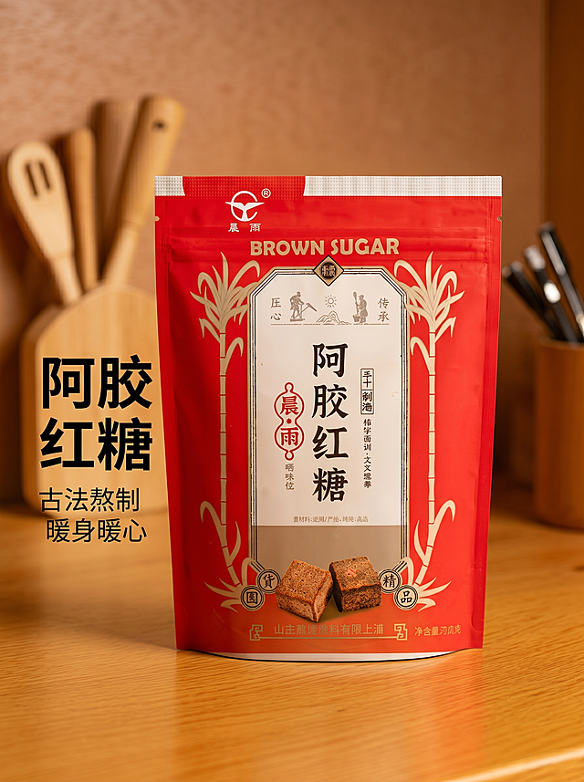 [主图-1] 晨雨阿胶红糖产品首图
[氛围风格] 拼多多风格，大字直白，突出性价比，暖调食欲感，传统养生氛围
[画质] 商业摄影质感、光线柔和通透、产品清晰真实、画面干净高级
[元素] 阿胶红糖包装袋居中摆放，袋身前方展示两块方形红糖块，色泽深棕自然。左上角保留原图的"晨雨"品牌Logo，不遮挡产品主体。保持产品外观(物理结构、材质质感、颜色)与输入产品图绝对一致，杜绝任何变形和色差，精细化处理。商品主体占比严格控制在70%左右，画面满屏无边框
[光影] 自然暖光从左侧照射，突出红糖的真实质感，整体光比舒适，高光不溢，暗部有层次
[配色] 主色调为产品红色，搭配深棕色和原木暖黄色，保持传统养生产品的温暖质感
[视角构图] 平视中心构图，主体完整不裁切，景深适中
[文字版式] 左上负空间左对齐留安全边距，大字主文案"阿胶红糖"黑色粗体，辅助文案"古法熬制 暖身暖心"小字说明。文字与背景对比强烈，清晰易读，不遮挡产品主体
[比例分辨率] 3:4比例，2k分辨率，文字清晰可辨，超高清
[负向提示词] 变形，水印，文字错乱，产品图模糊，背景杂乱，牛皮癣，配色刺眼