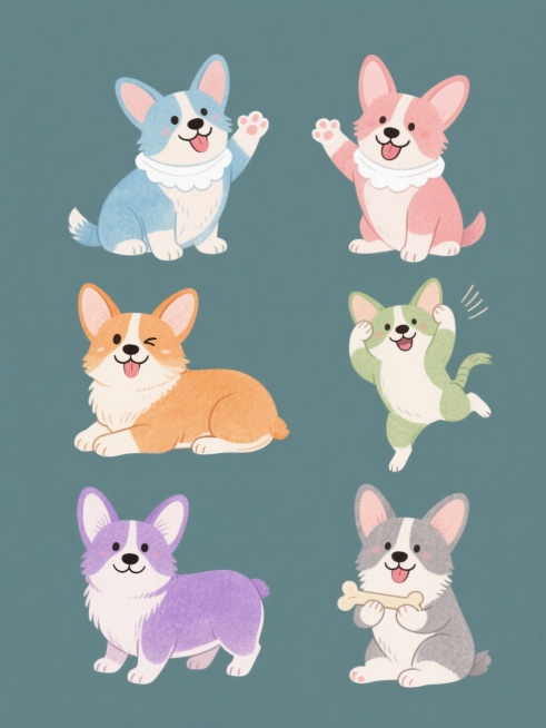 一套6个同元素同配色不同造型角度的柯基犬系列素材集合，规整排布，每只柯基犬均采用手绘风格、水彩质感笔触、柔和边缘处理，营造明亮愉快的氛围，整体分别变换为清新蓝色系、温暖粉色系、活力橙色系、宁静绿色系、优雅紫色系、沉稳灰色系配色方案。所有柯基犬均保留其标志性的大耳朵、白围脖、白爪子和微笑表情，但分别呈现出6种不同动态：1. 坐姿歪头吐舌摇尾，2. 站立前爪抬起作挥手状，3. 趴卧前爪交叠歪头眨眼……预览效果
