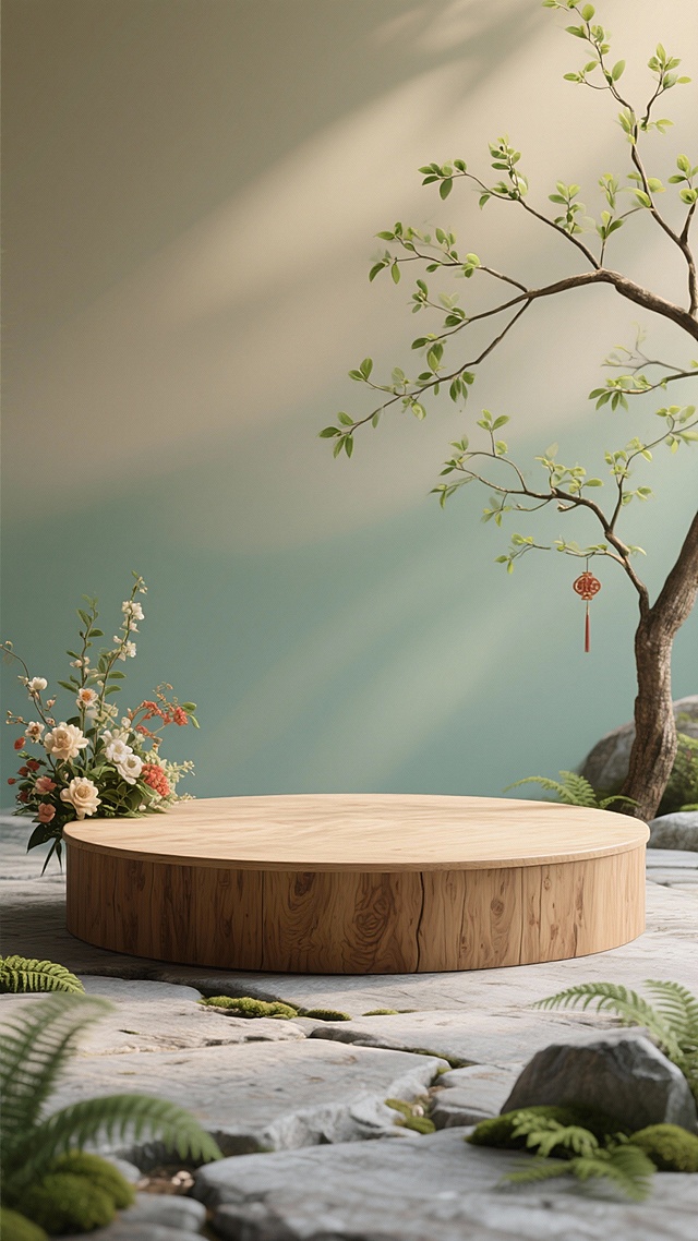 自然写实风格，画面中心是一个简约的圆形木纹展台，展现出木材天然的纹理和温润质感，展台表面平滑，边缘柔和。背景采用柔和的浅米色与淡绿色渐变，点缀些许新年氛围的鲜花饰品，营造出宁静自然的氛围，左侧和右侧点缀着几枝带有嫩绿新叶的纤细树枝，部分枝叶轻轻垂落在展台边缘，地面是带有细腻肌理的浅灰色岩石，岩石缝隙中生长着几簇小型绿色蕨类植物，整体构图简洁大方，光线柔和均匀，突出展台的纯天然质感与简约设计，营造出清新、古朴、回归自然的新年视觉感受。