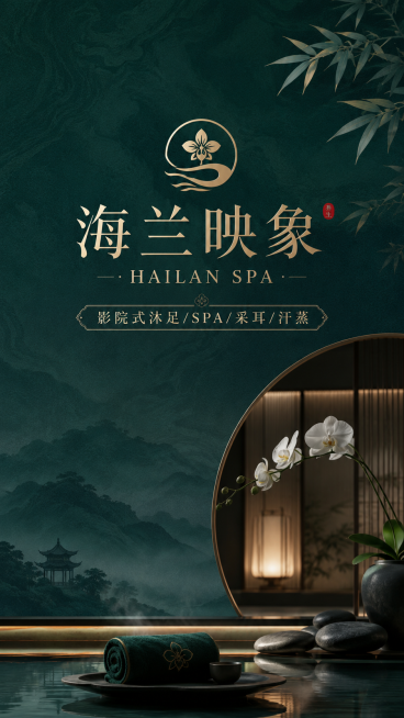海兰映象H5封面页，新中式轻奢养生风格，深青绿色雅致背景带浅纹理，主标题文字"海兰映象 · HAILAN SPA"，副标题"影院式沐足/SPA/采耳/汗蒸"，设计简约高级，符合养生会馆品牌调性预览效果