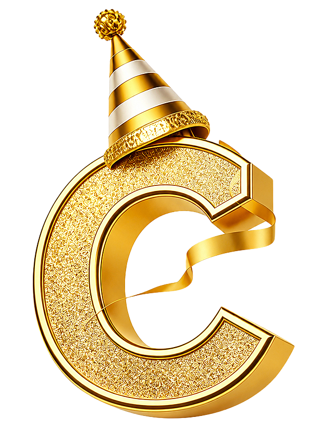 将图片变清晰，保留原画面内容：带生日帽的金色闪粉立体字母C，金色缎带装饰，白色背景，提升分辨率和画质细节