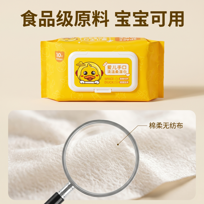 [主图 3] 婴儿手口清洁柔湿巾材质细节展示。
[氛围风格] 干净通透质感风，突出安全材质；
[画质] 商业摄影质感、光线柔和通透、产品清晰真实、画面干净高级。
[元素] 主图上半部分放置完整湿巾产品预览效果