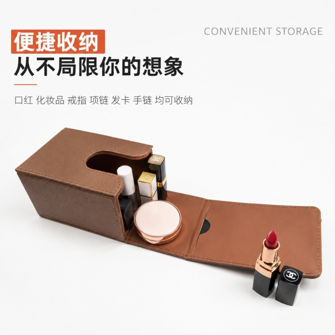 [第3屏] 多场景展示-演示多功能游戏卡牌盒多用途收纳能力。本屏使用产品结构参考【图2】，展示打开状态放置化妆品。
[氛围/风格] 简约清新展示风，纯白色干净背景，商业摄影质感。
[元素布局] 卡牌盒预览效果